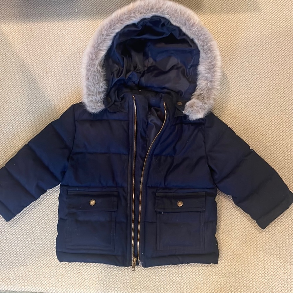 Janie and Jack Puffer Coat. Navy with grey fur trim